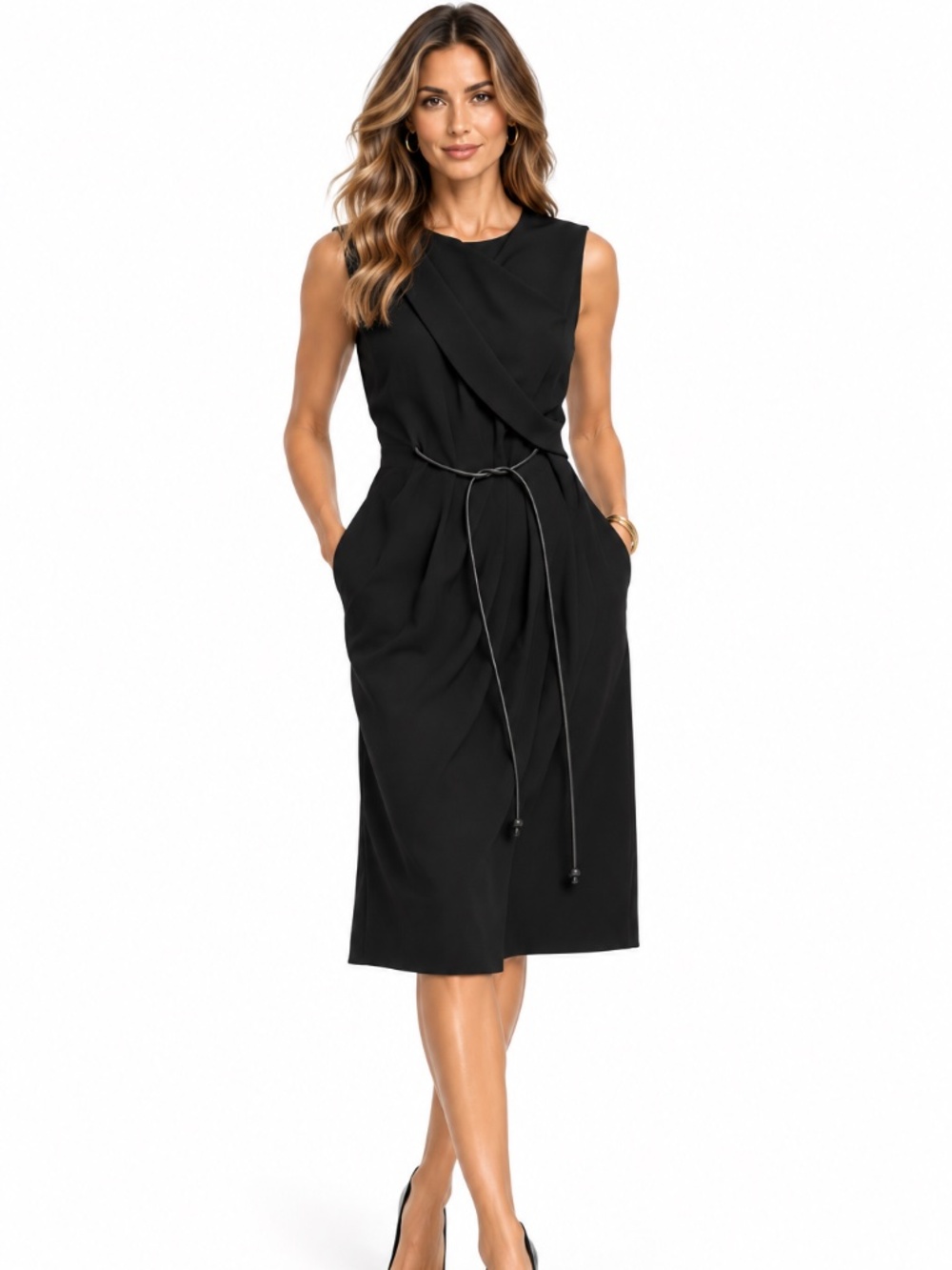 🖤 Helmut Lang Black Draped Sleeveless Midi Dress Exposed Zip Tie Waist🖤